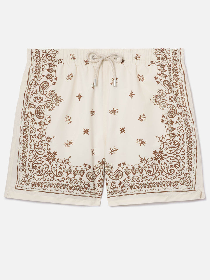 Gustavia beige swim shorts with bandana print