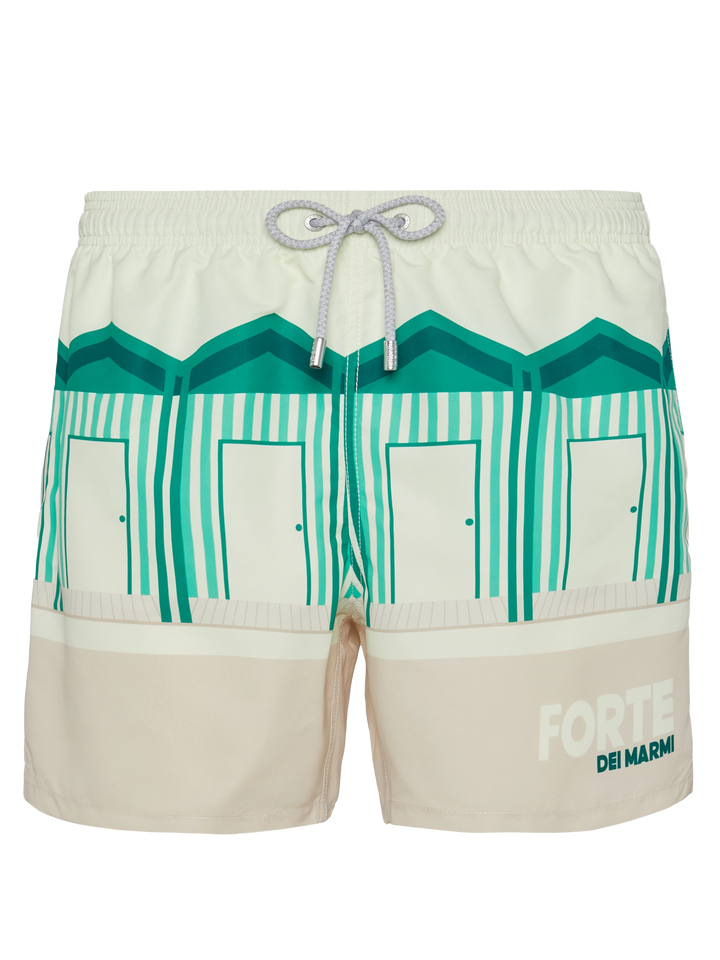 Mid-length Gustavia swim-shorts with Forte dei Marmi postcard placed print