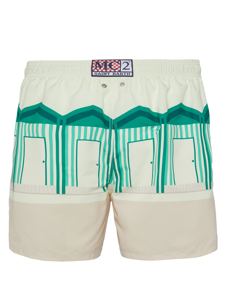 Mid-length Gustavia swim-shorts with Forte dei Marmi postcard placed print