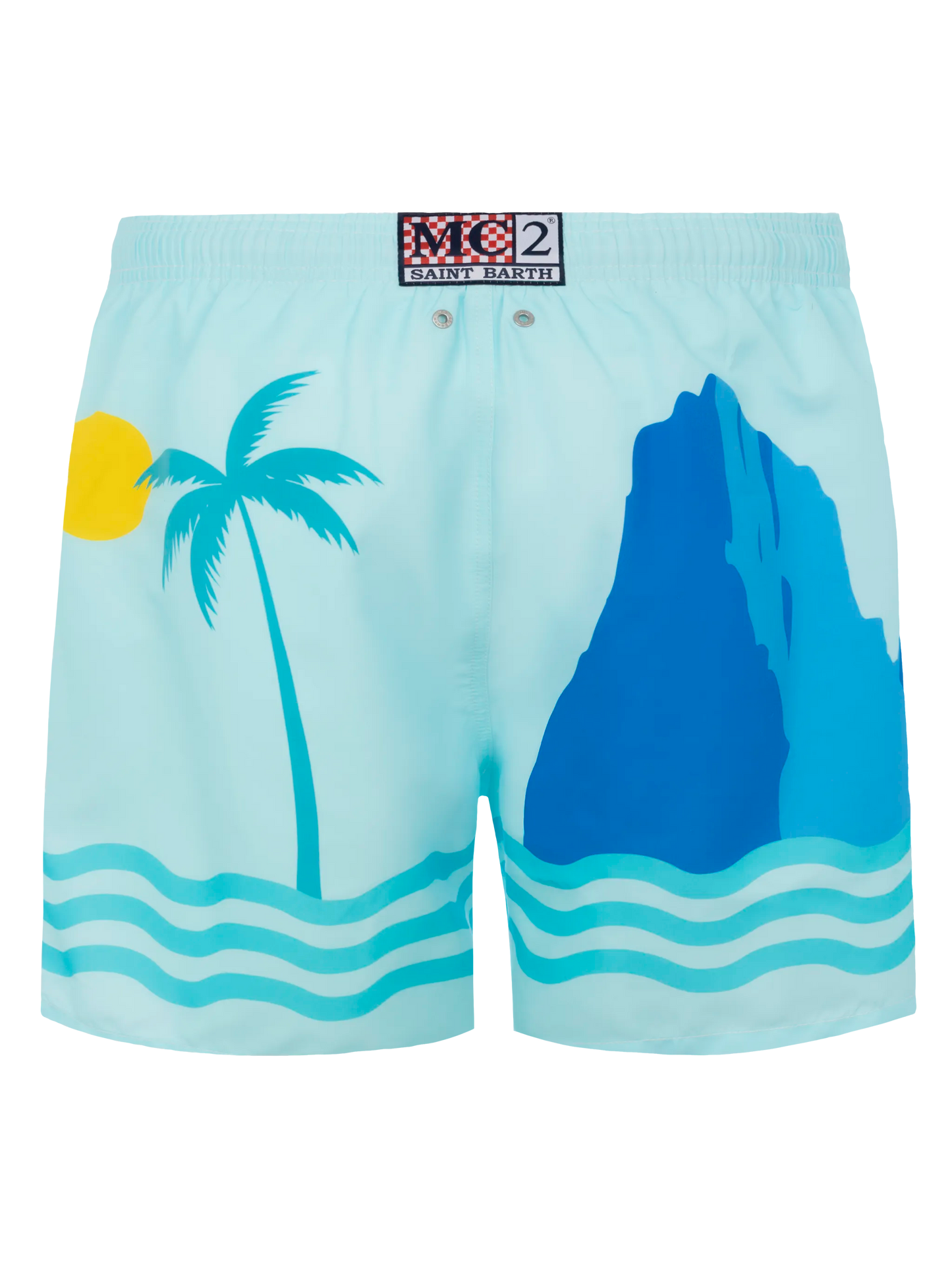 Costume mare lunghezza media Gustavia con stampa cartolina Ibiza