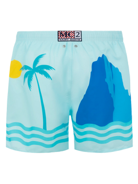 Costume mare lunghezza media Gustavia con stampa cartolina Ibiza