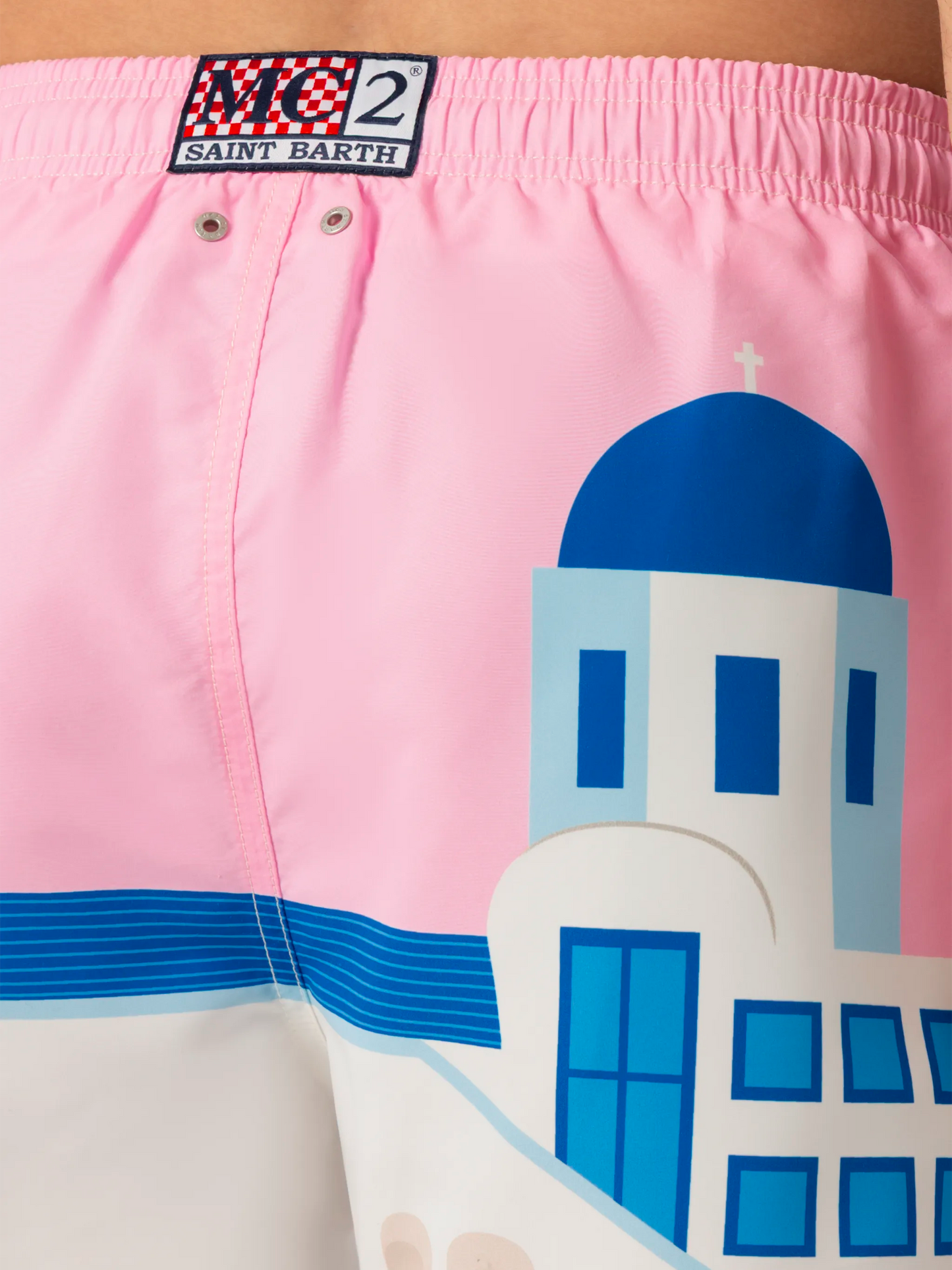 Mid-length Gustavia swim-shorts with Mykonos postcard placed print