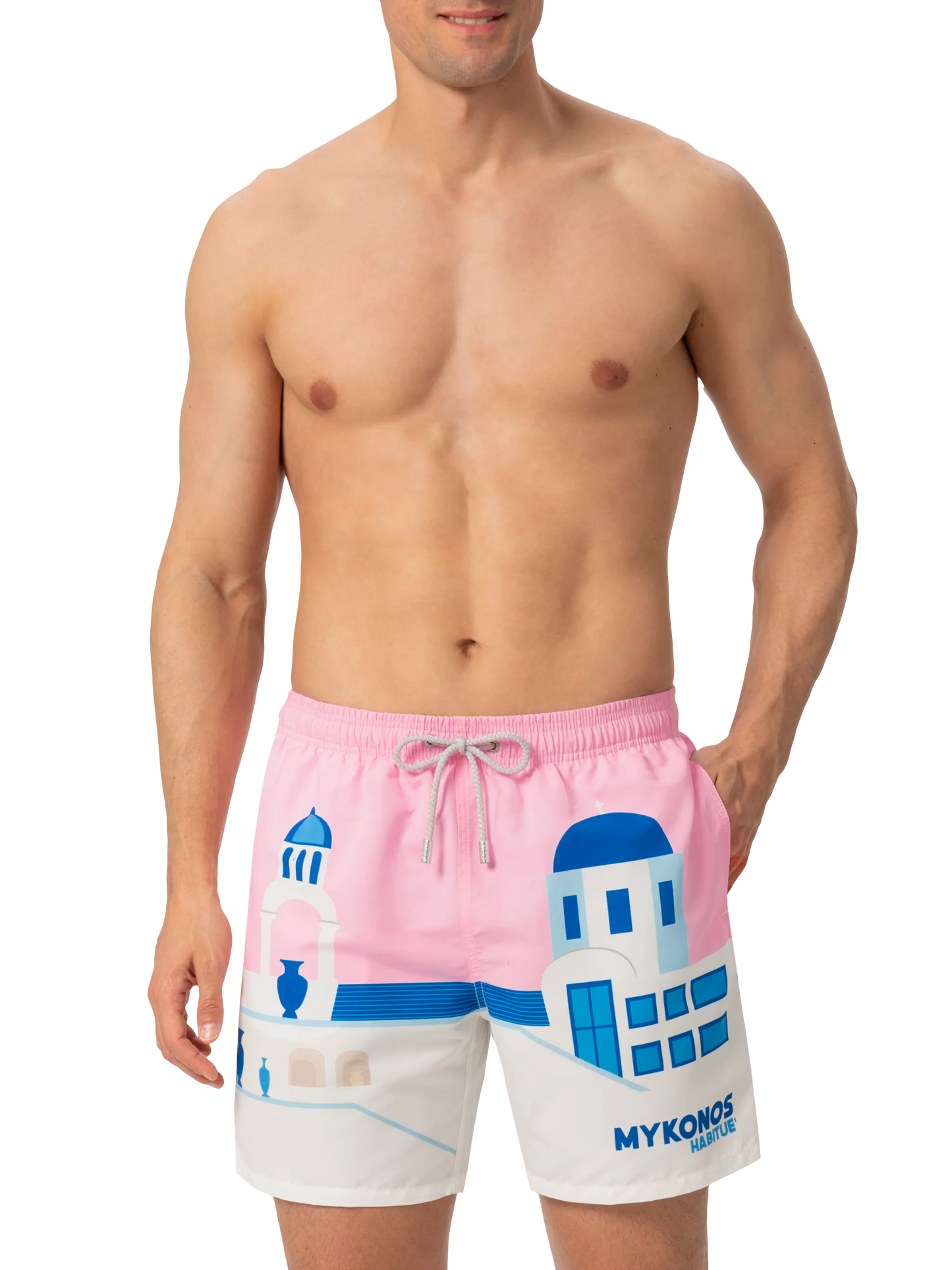 Mid-length Gustavia swim-shorts with Mykonos postcard placed print