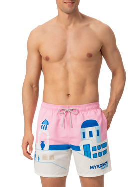 Mid-length Gustavia swim-shorts with Mykonos postcard placed print