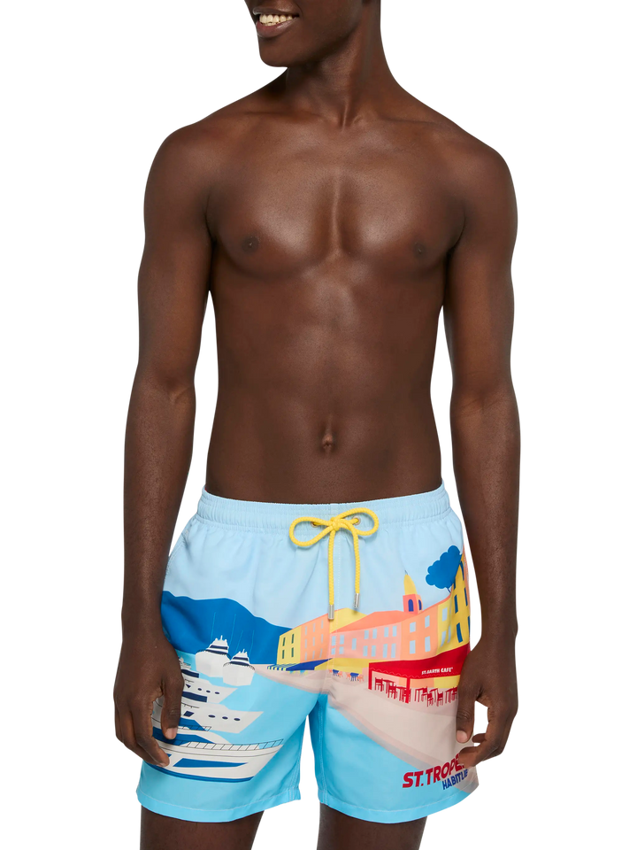 Mid-length Gustavia swim-shorts with St. Tropez postcard placed print