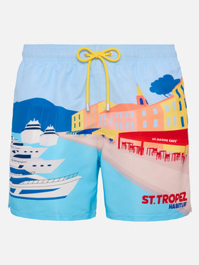 Mittellange Badeshorts Gustavia mit platziertem St. Tropez-Postkartendruck