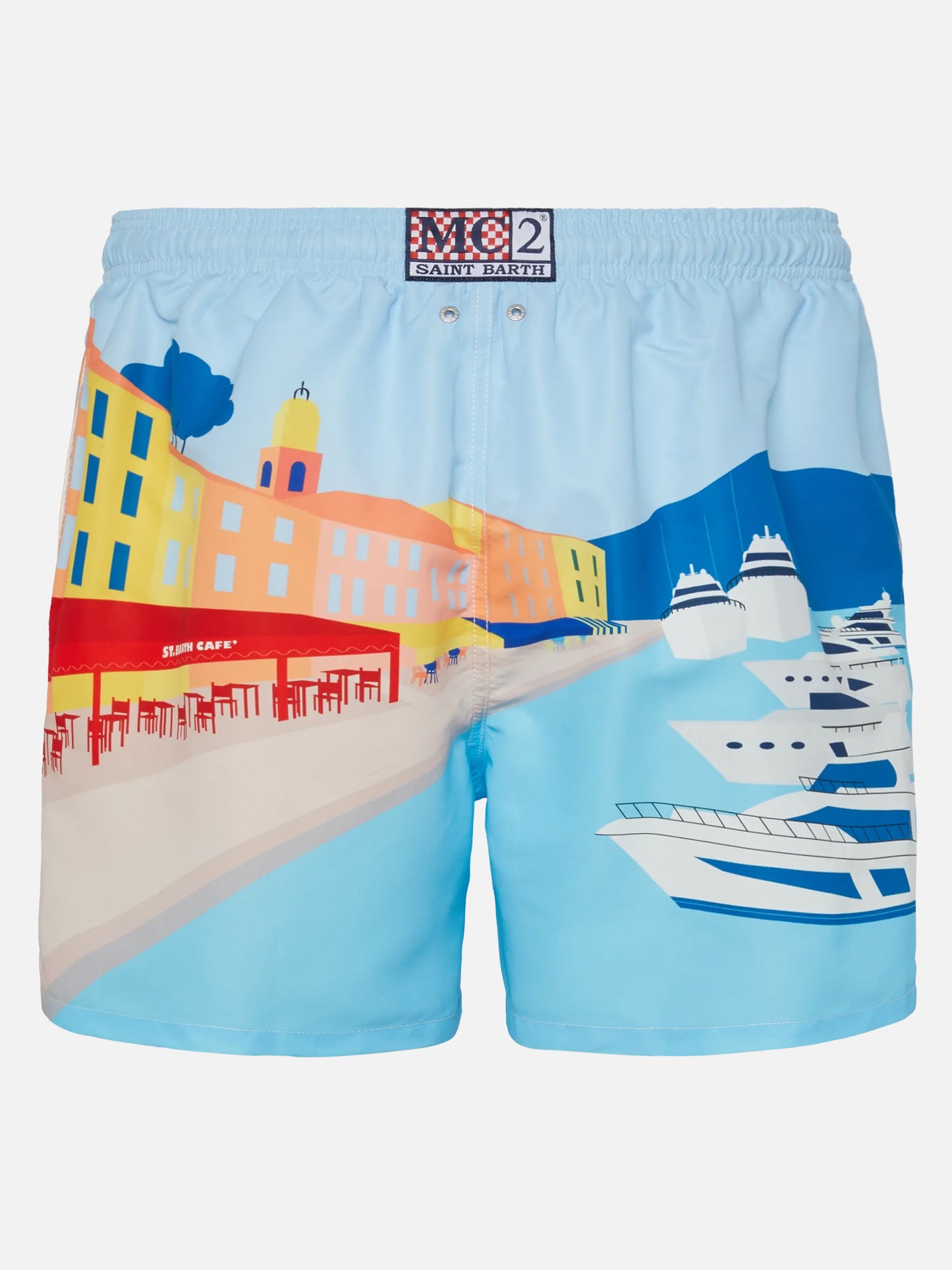 Mittellange Badeshorts Gustavia mit platziertem St. Tropez-Postkartendruck