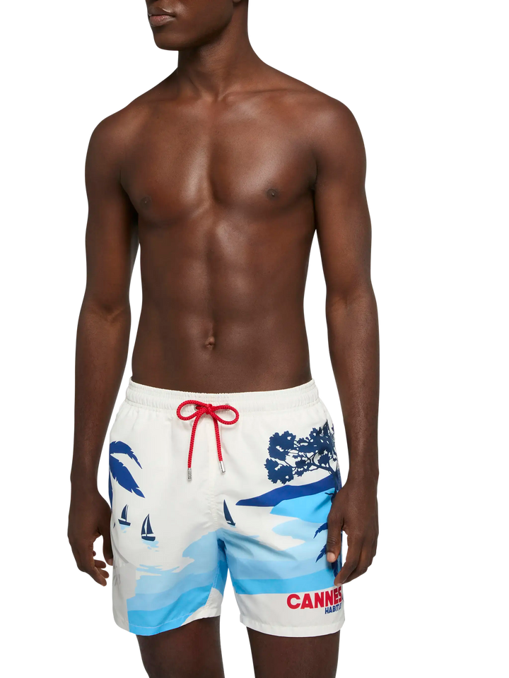 Mid-length Gustavia swim-shorts with Cannes postcard placed print