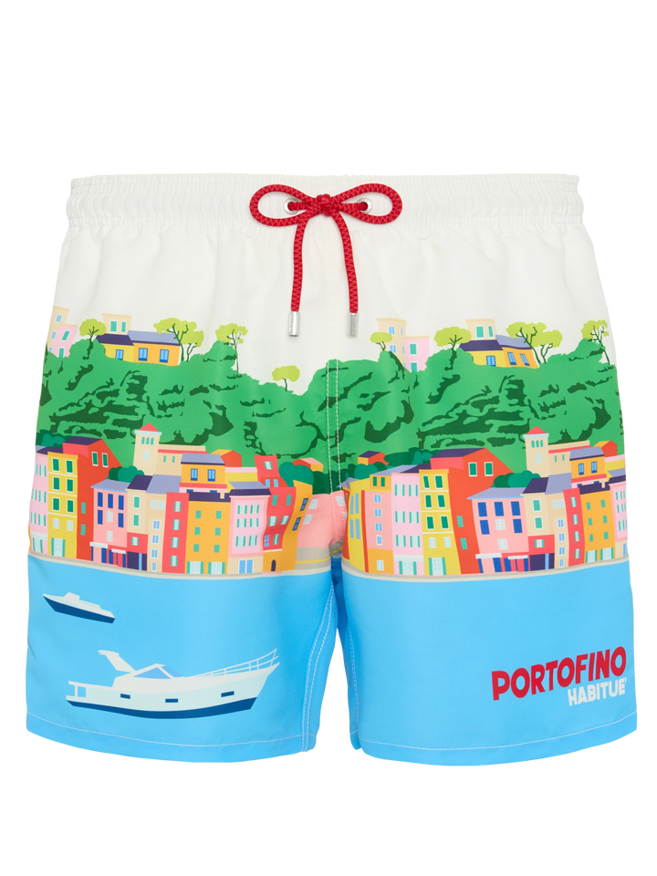 Mid-length Gustavia swim-shorts with Portofino postcard placed print