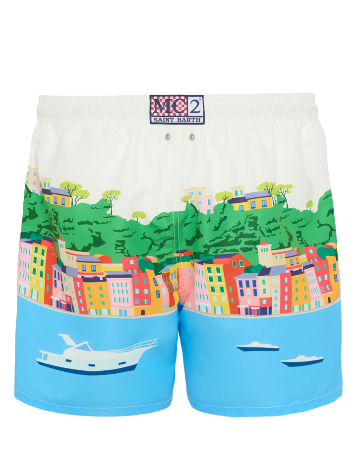 Mid-length Gustavia swim-shorts with Portofino postcard placed print