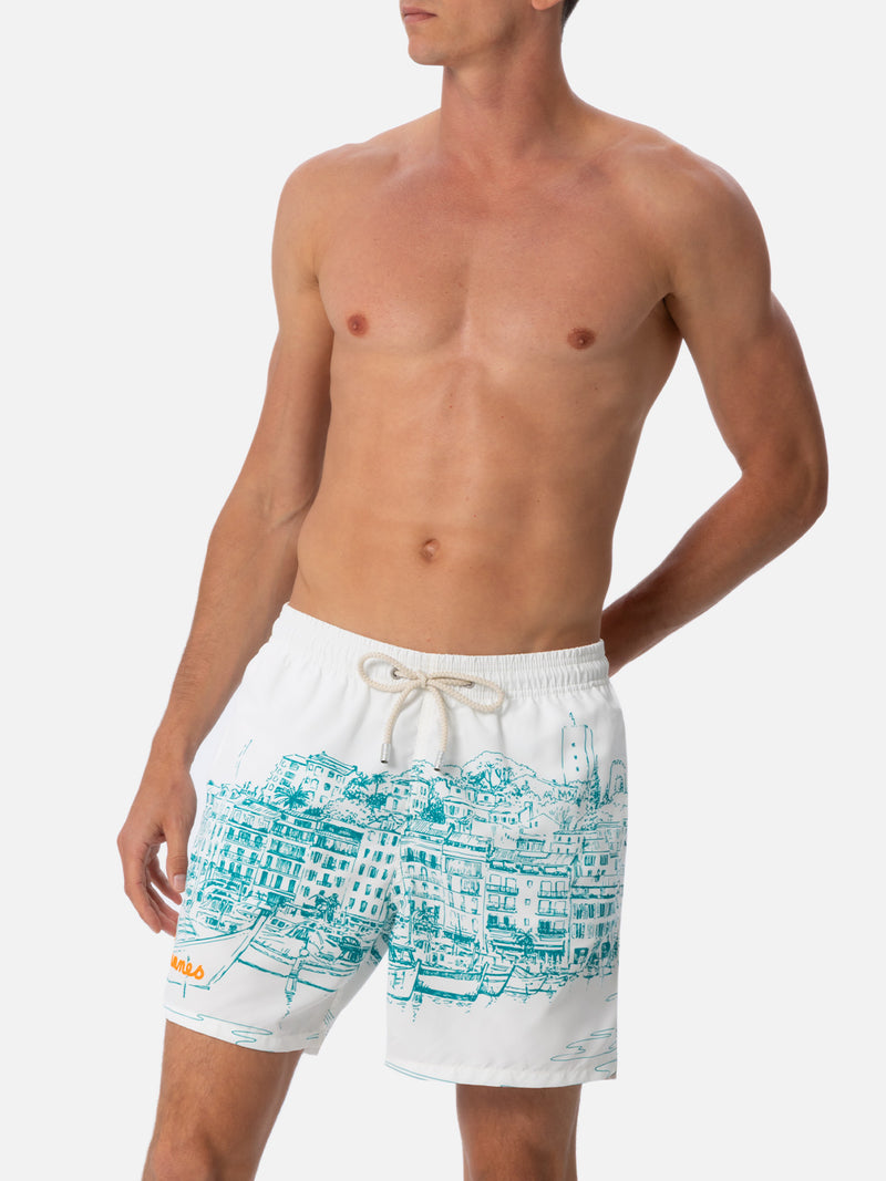 Man mid-length Gustavia swim-shorts with Cannes placed print