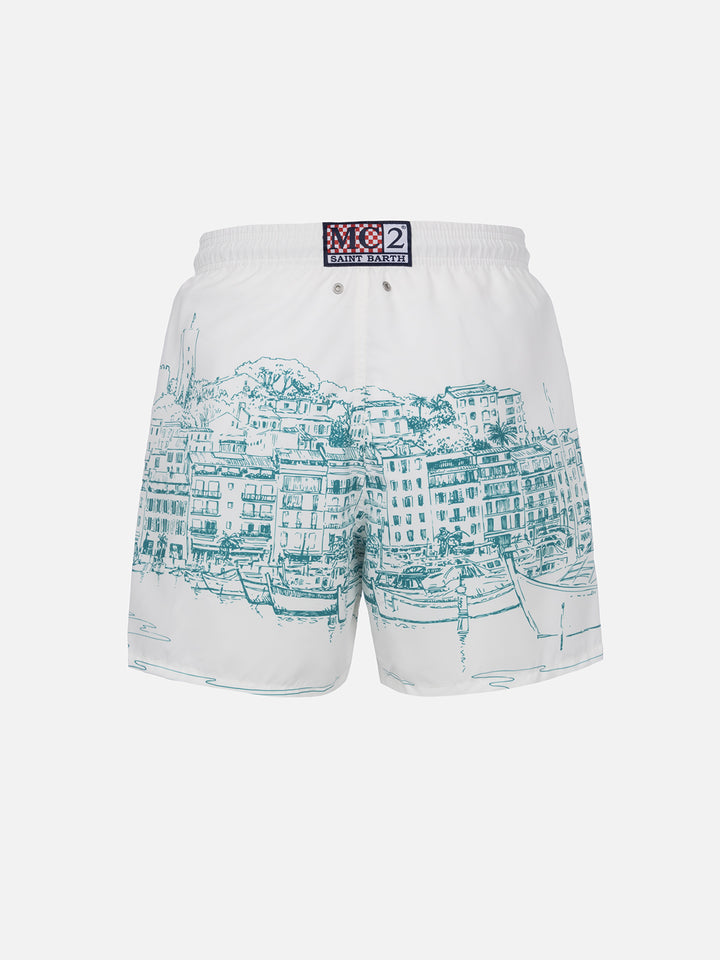 Mid-length Gustavia swim-shorts with Cannes placed print