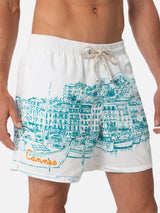 Man mid-length Gustavia swim-shorts with Cannes placed print