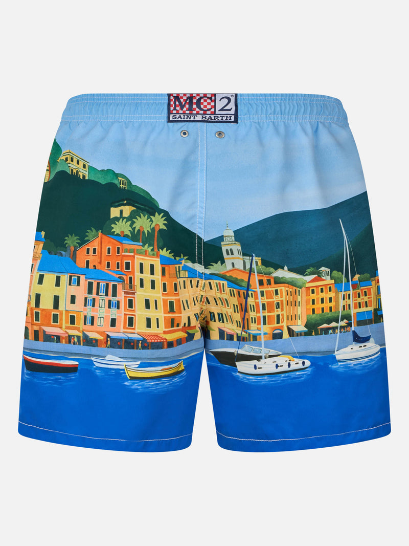 Man mid-length Gustavia swim-shorts with Portofino placed print