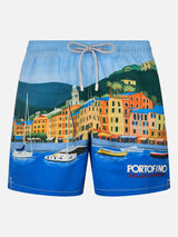 Man mid-length Gustavia swim-shorts with Portofino placed print