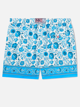 Gustavia swim shorts with blue batik floral print