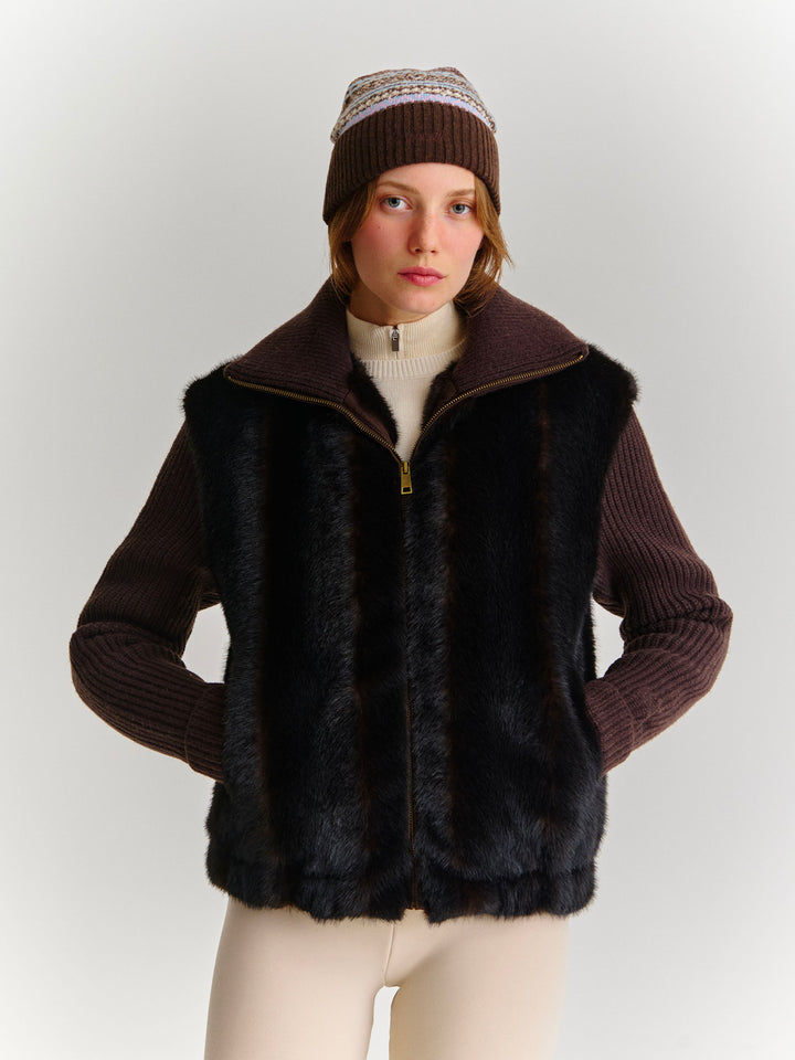 Brown Gray faux fur jacket with ribbed knit sleeves