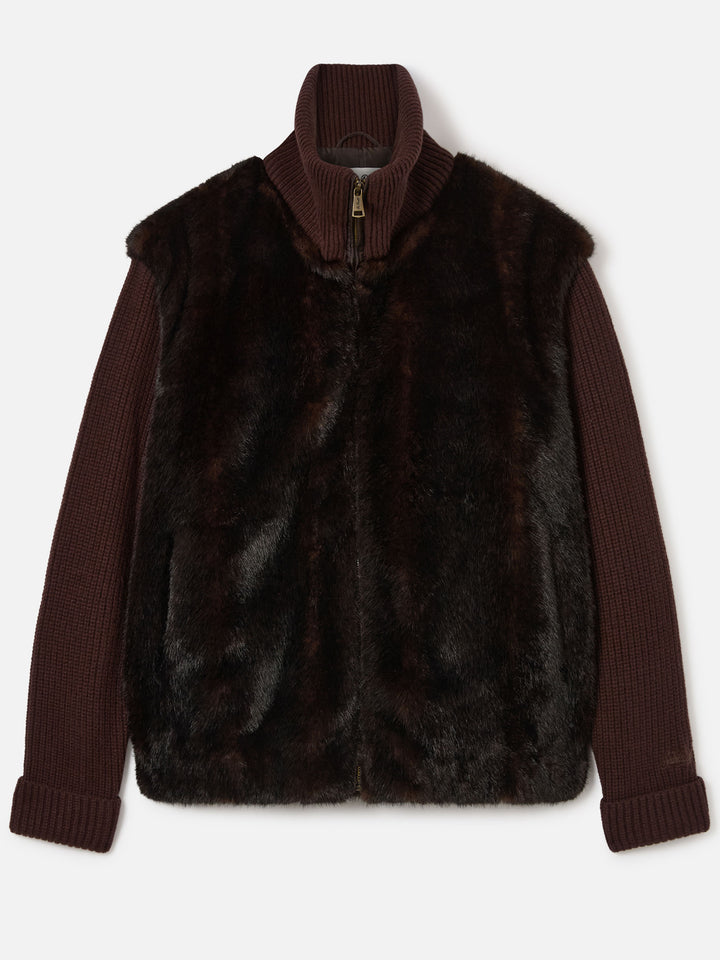 Chaqueta de pelo sintético marrón gris con mangas de punto de canalé 