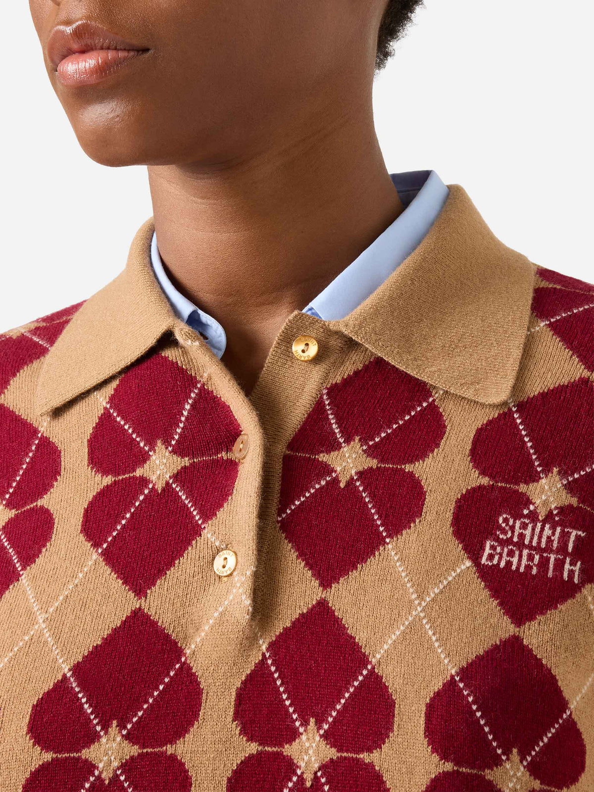 Punto Hadidy de mezcla de lana y cachemira con cuello polo, motivo argyle y corazones 