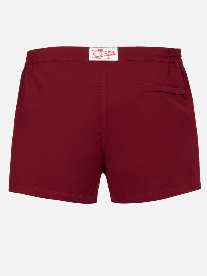 Man burgundy fitted cut swim shorts Harrys