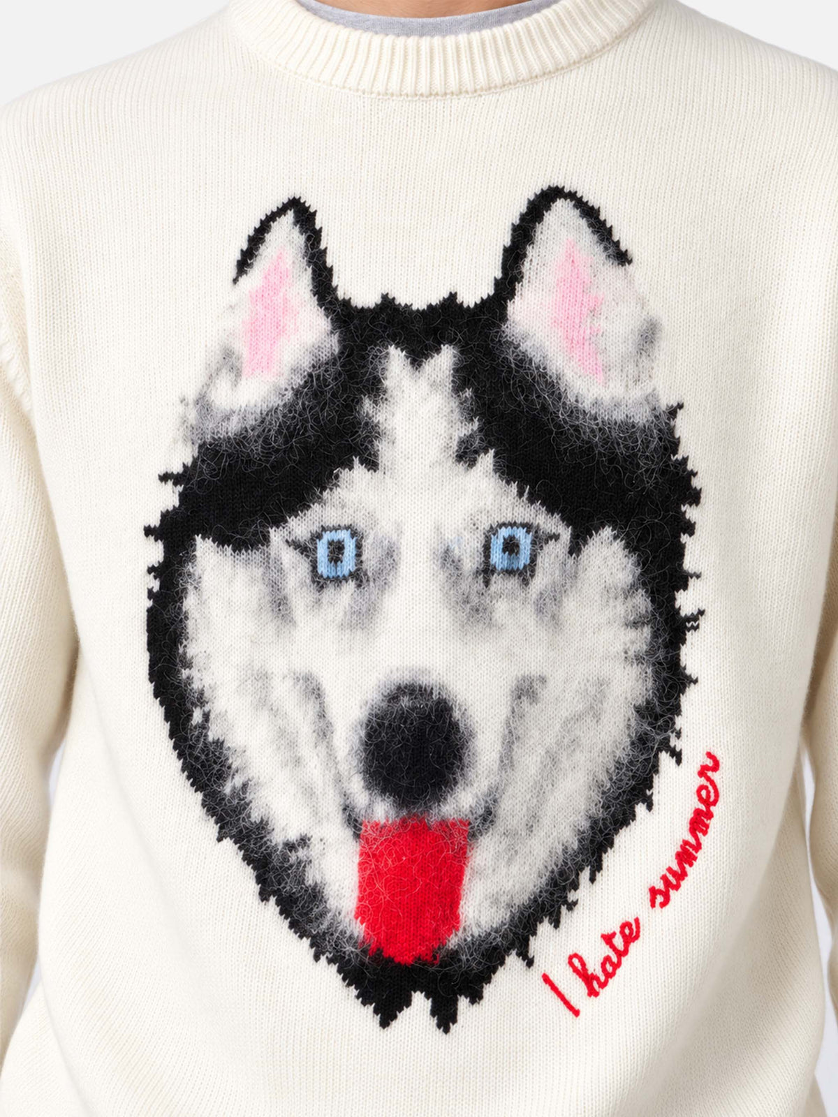 Grey Heron sweater with wolf jacquard and I hate summer embroidery