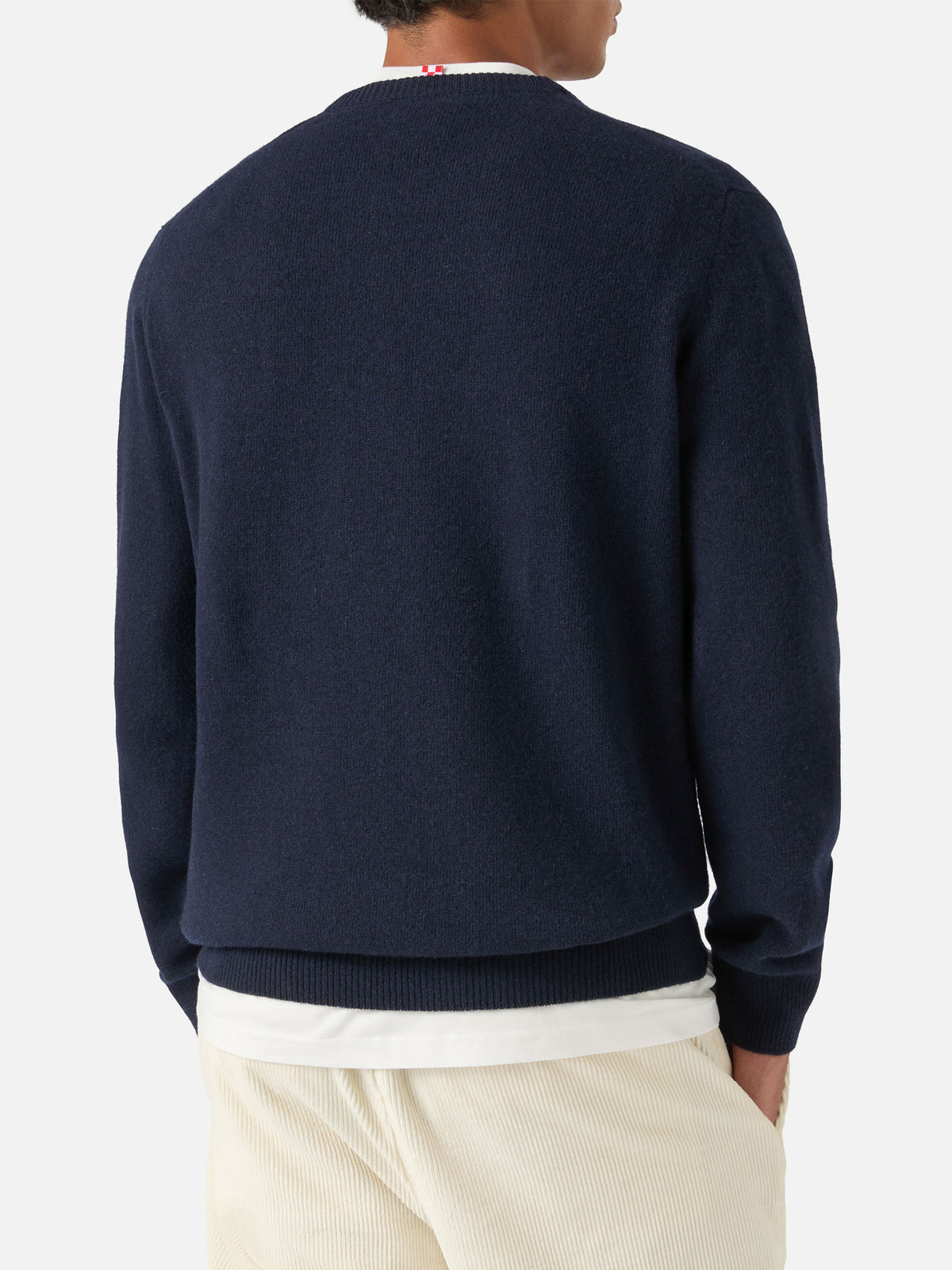 Navy blue Heron crewneck knit with Après Ski intarsia and embroidery