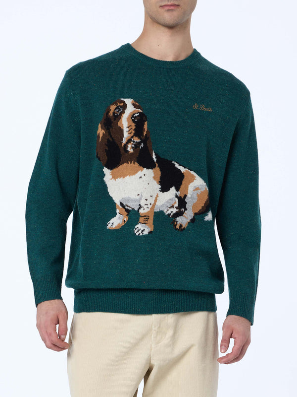 Grüner Herrenpullover Heron mit Basset Hound-Print