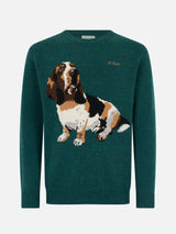 Grüner Herrenpullover Heron mit Basset Hound-Print