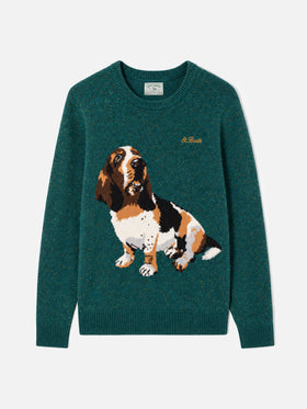 Maglione Heron verde scuro in misto lana donegal con jacquard basset hound