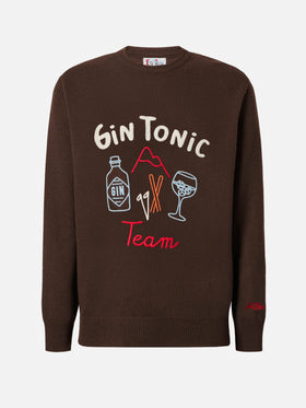 Brauner Heron-Pullover mit Rundhalsausschnitt und Gin-Tonic-Team-Stickerei