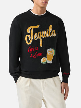 Schwarzer Heron-Pullover mit Rundhalsausschnitt und dem Jacquardmuster „Tequila life is a shot“