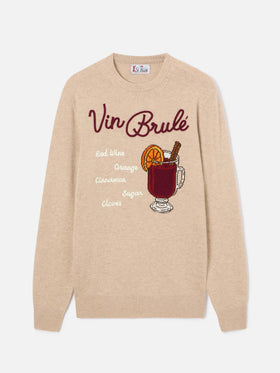 Jersey de punto beige de cuello redondo Heron con intarsia y bordado Vin Brulé 