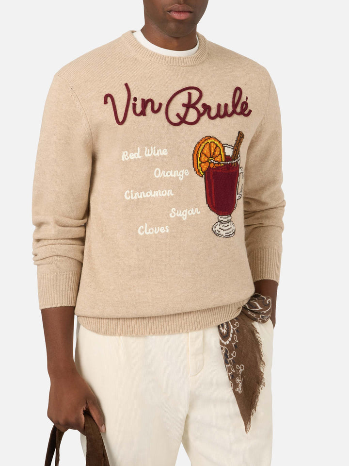 Beiger Heron Rundhals-Strickpullover mit Vin Brulé Intarsie und Stickerei 