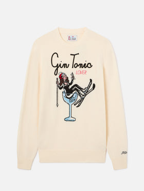 Jersey de punto con cuello redondo en blanco roto Heron con intarsia y bordado Gin Tonic 