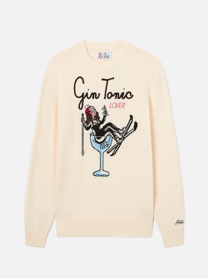 Jersey de punto con cuello redondo en blanco roto Heron con intarsia y bordado Gin Tonic 
