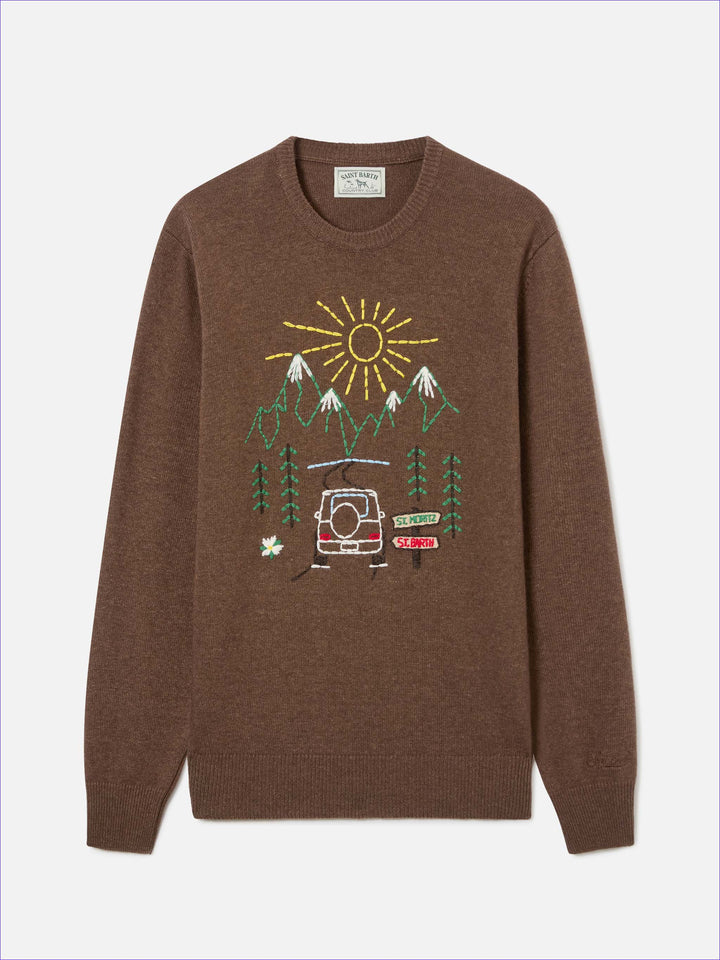 Crewneck-Strickpullover Brown Heron mit St. Moritz-Stickerei 