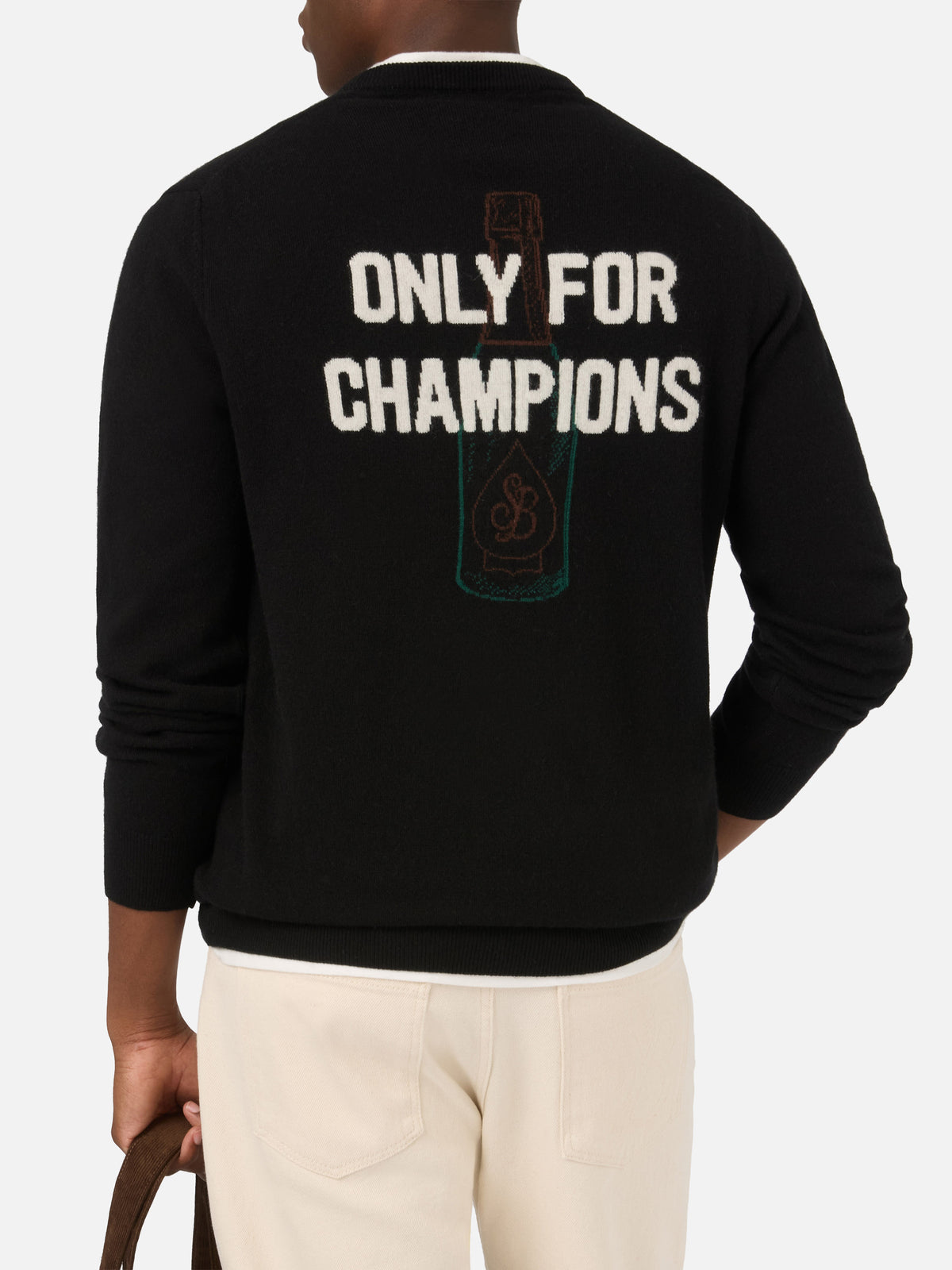 Schwarzer Rundhalspullover mit „Only For Champions“-Intarsie und Stickerei auf der Rückseite 