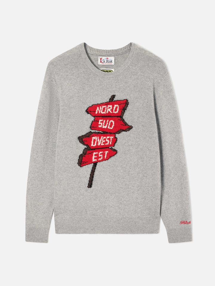 Maglia girocollo Heron grigia con intarsio Nord Sud Ovest Est | Special edition