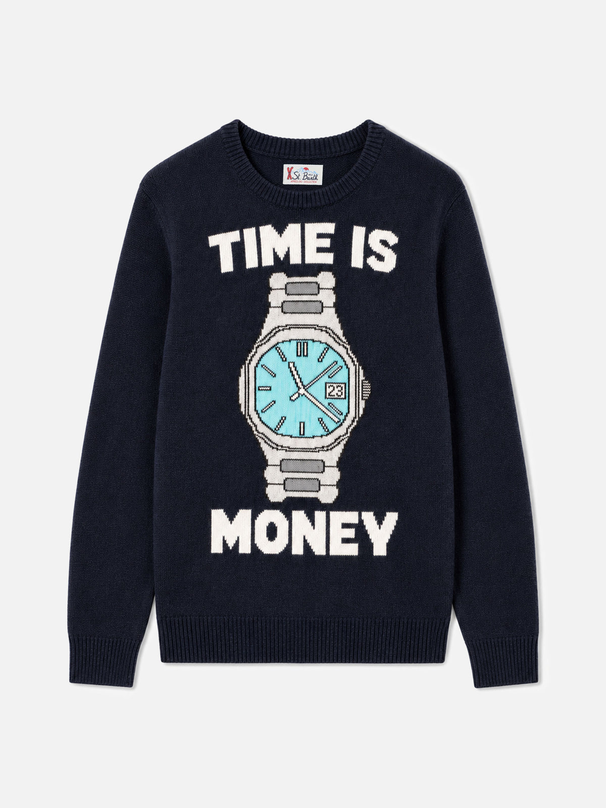 Maglia girocollo Heron blu navy con lettering Time is money