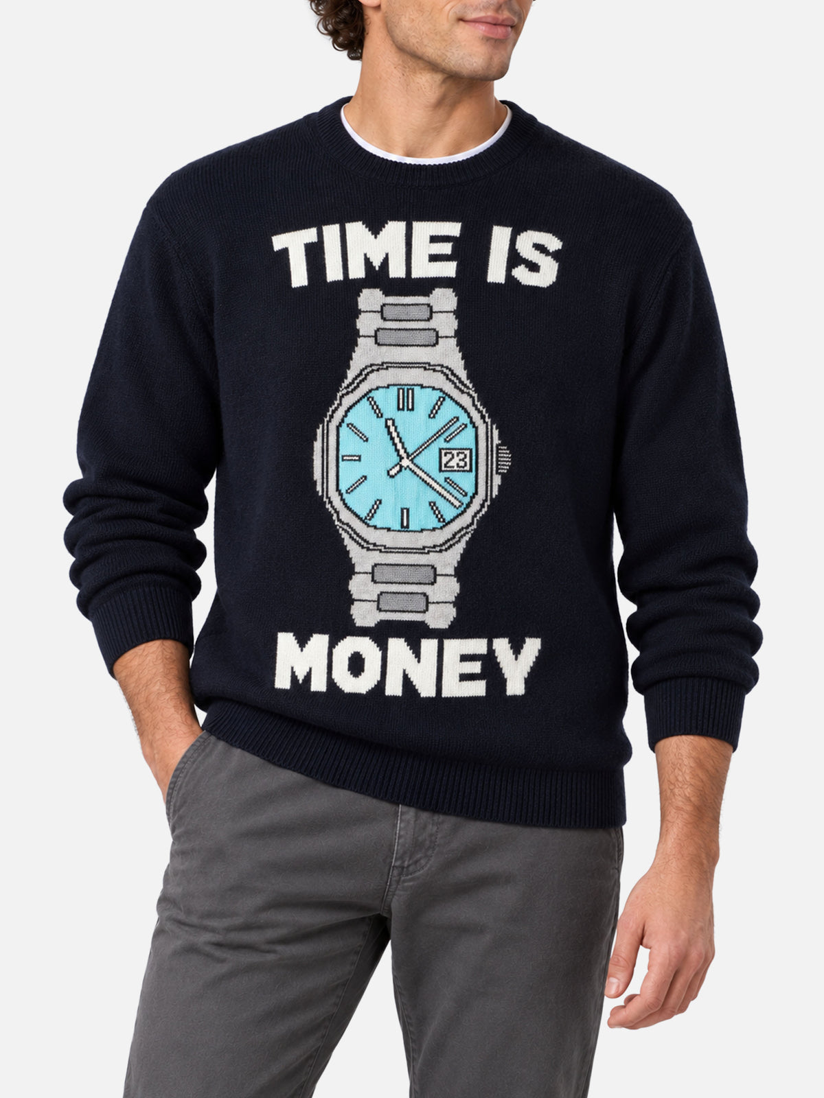 Maglia girocollo Heron blu navy con lettering Time is money