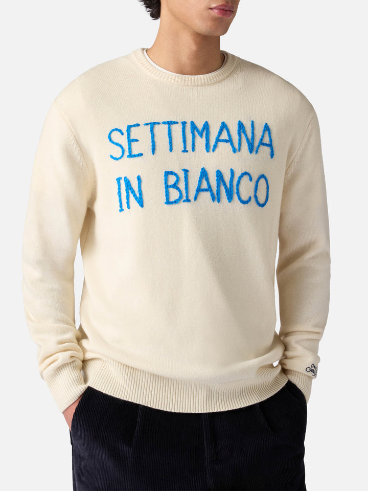 Man white sweater with Settimana in bianco embroidery
