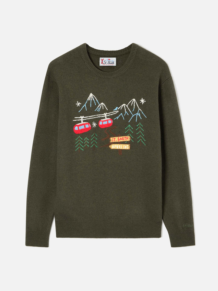 Maglia girocollo Heron verde militare con ricamo montagna