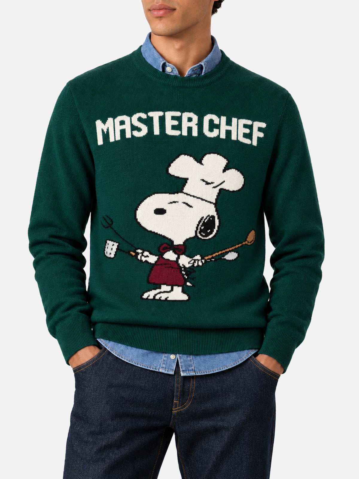 Dark green Heron crewneck sweater with Snoopy Master Chef jacquard | Special edition