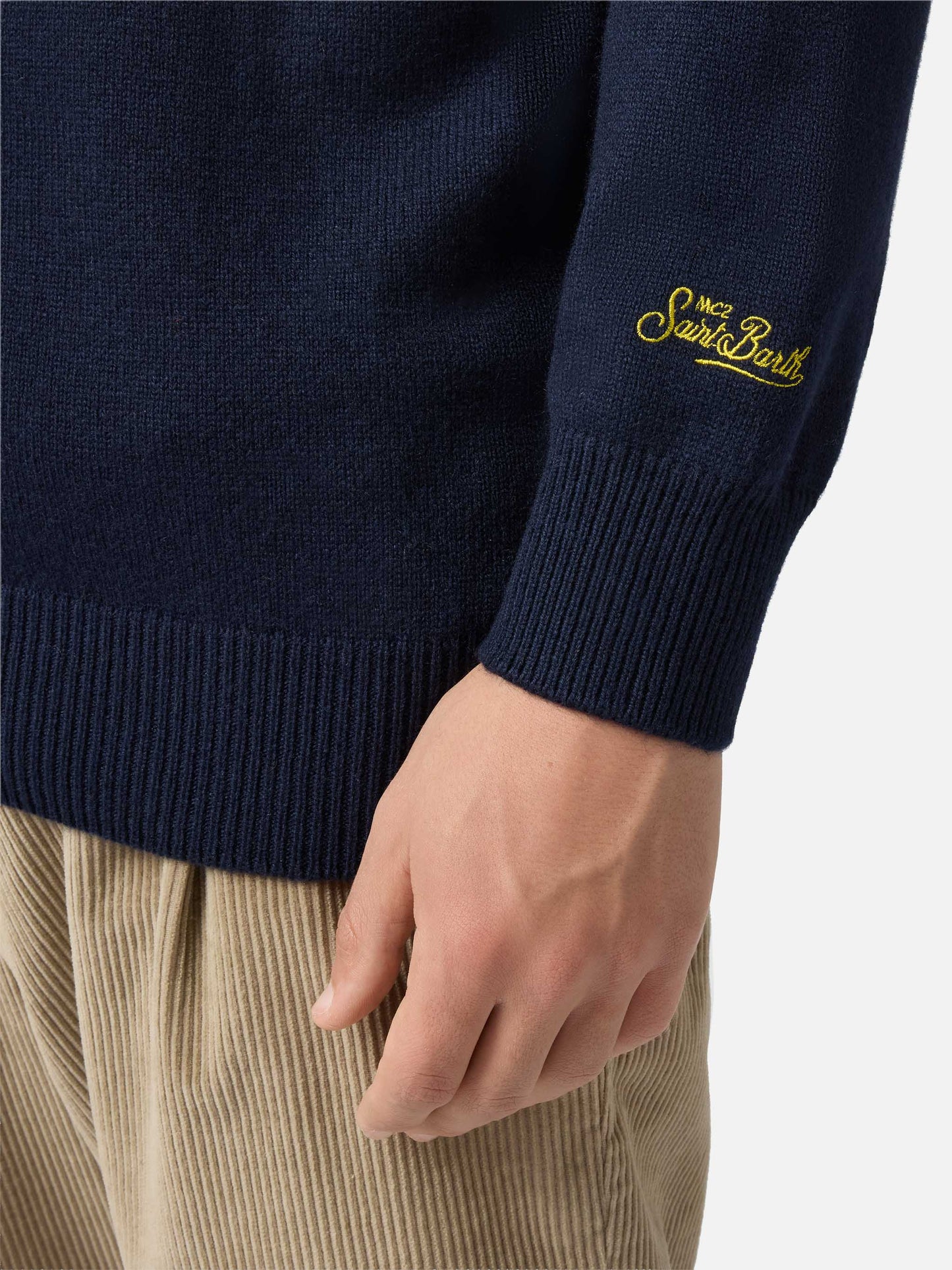 Blue sweater Heron with Gin Tonic embroidery