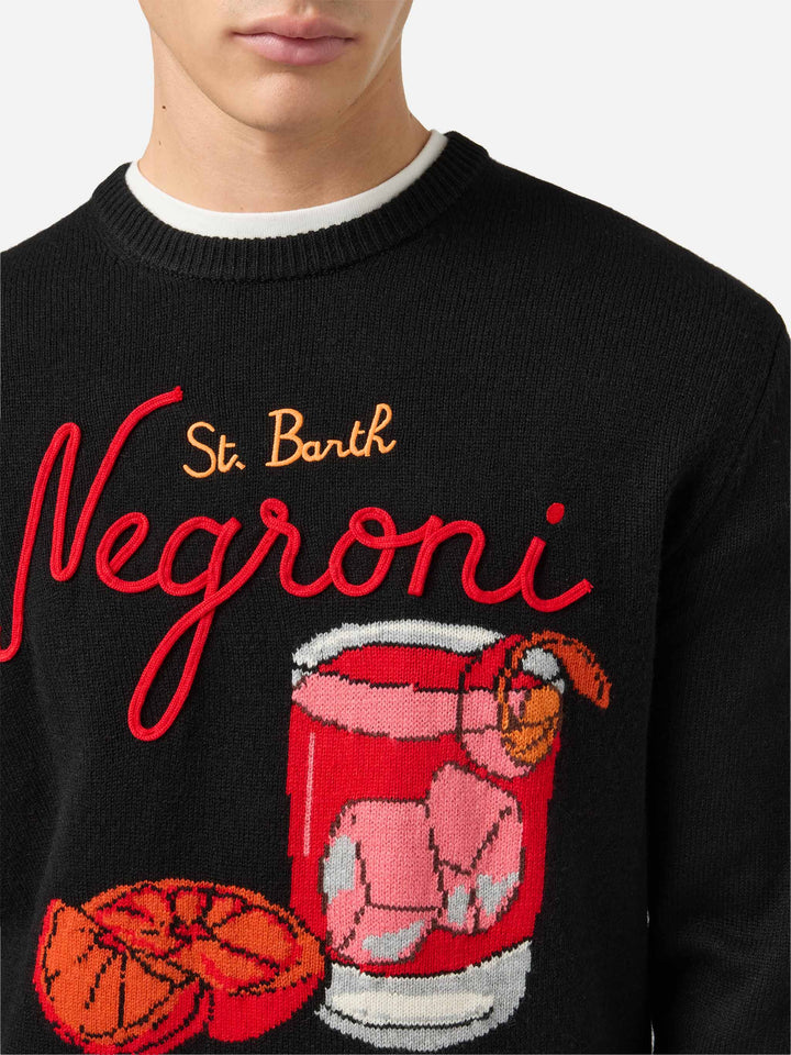Schwarzer Pullover mit Reihermotiv und St. Barth Negroni-Stickerei