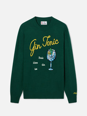 Crewneck-Strickpullover Green Heron mit Gin Tonic-Intarsie und Stickerei 