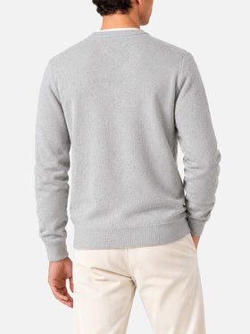 Light grey melange Heron crewneck sweater with St. Barth Spritz glass jacquard