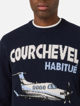 Marineblauer blue Rundhalsstrick mit Courchevel Habitué Intarsie in Heron-Optik 