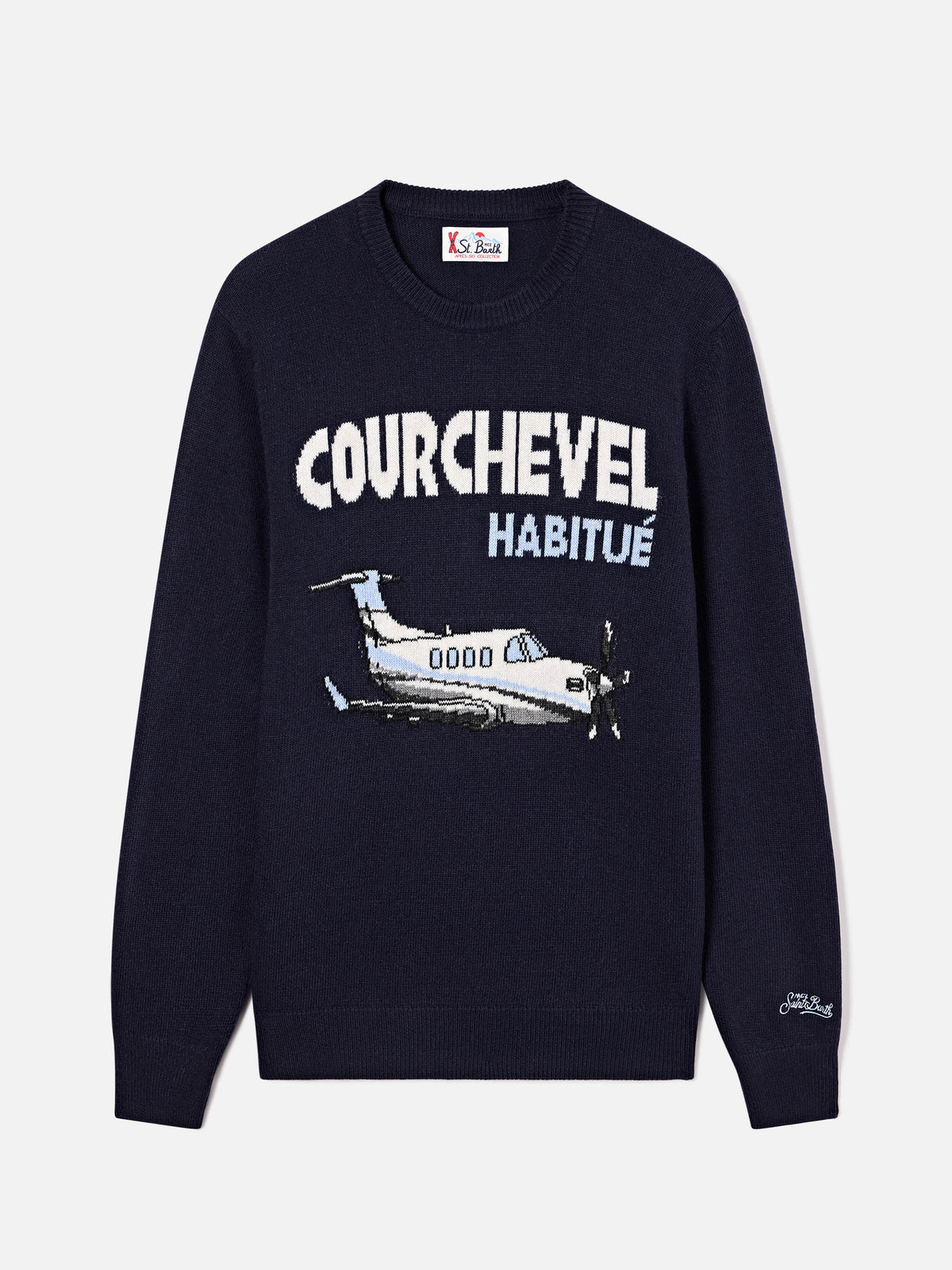 Marineblauer blue Rundhalsstrick mit Courchevel Habitué Intarsie in Heron-Optik 