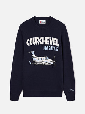 Marineblauer blue Rundhalsstrick mit Courchevel Habitué Intarsie in Heron-Optik 